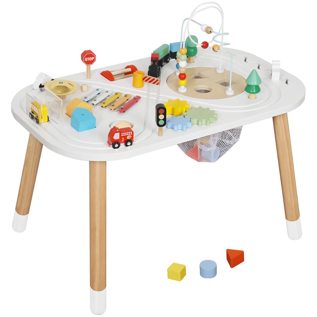 touch us Baby Activity Cubes for Kids,Toddler Activity Cubes&Activity Center Table with Wooden Bead Mazes，Mini Toy Car,Gears&Blocks|Wooden Desk Play Table as Montessori Toy for 1 Year Old Boy Girl