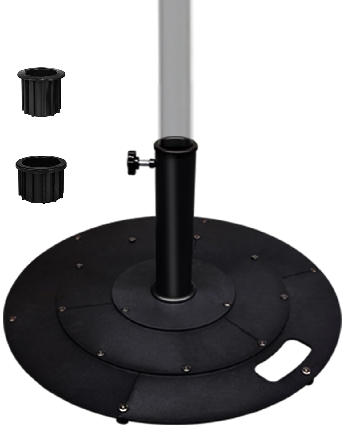 Koutemie 21 Inches Metal Umbrella Base with 2 Adapters for 1-¼" or 1-½" Umbrella Poles, Heavy Duty Weighted Outdoor Umbrella Stand Holder for Patio Table, Black
