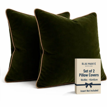 Blau Marité 2 Pack Velvet Decorative Throw Pillow Covers, 18"x18", Green and Camel, Solid, Modern, Contrast Piping, Indoor Use, Bedroom & Living Room