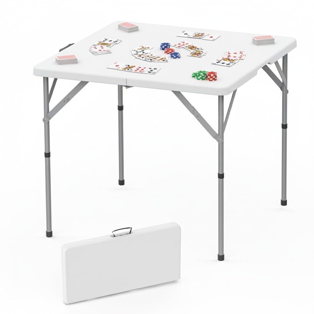 HLPB 34'' Square Folding Card Table, Fold-in-Half Portable Dining Table with Handle and Safety Lock, Foldable Plastic Dining Table Indoor Outdoor for Camping, Picnic and Party Event, White