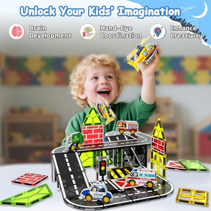 Magnetic Tiles Road Car Set,Magnetic Building Blocks for Kids, Learning Sensory Montessori Toys for 3-8 Year Old Boys Girls, Birthday Gifts for 3-8 Year Old Boys Girls, STEM Toys for Toddler