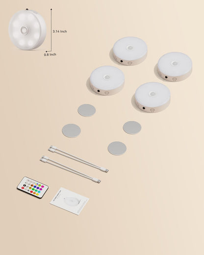 LENOMA Puck Lights with Remote, Rechargeable Under Cabinet Lighting, 3 Color Temps, 12 RGB Color LED Motion Sensor Lights Wireless, Dimmable Tap Lights for Closet, Kitchen, Shelf, Stair, 4 Pack