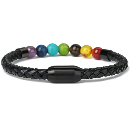 Ckysee 7 Chakra Real Stone Healing Bracelet Genuine Leather Braided with Magnetic Clasp Mens Best Gift Jewelry 8.5"