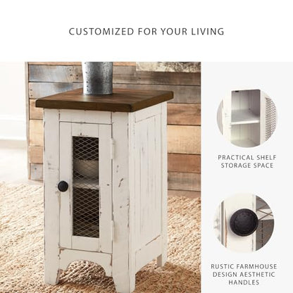 Signature Design by Ashley Wystfield Farmhouse Chair Side End Table with Cabinet Door for Storage, White & Brown with Distressed Finish