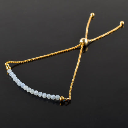 QNAVIC Natural Blue Aquamarine Gemstone Micro Beaded Dainty Slider Bolo Bracelet, Handmade Jewelry for women, Healing Chakra Crystals Birthstone Gift for Her, 14K Gold Plated Chain 6-9 inch