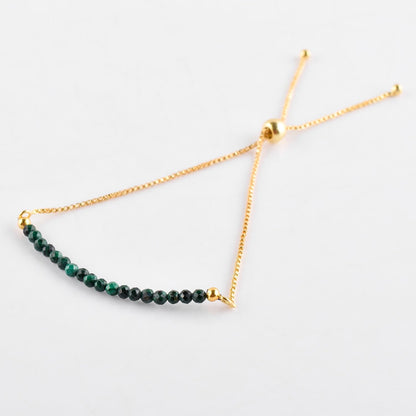 QNAVIC Natural Green Malachite Gemstone Micro Beaded Dainty Slider Bolo Bracelet, Handmade Jewelry for women, Healing Chakra Crystals Birthstone Gift for Her, 14K Gold Plated Chain 6-9 inch