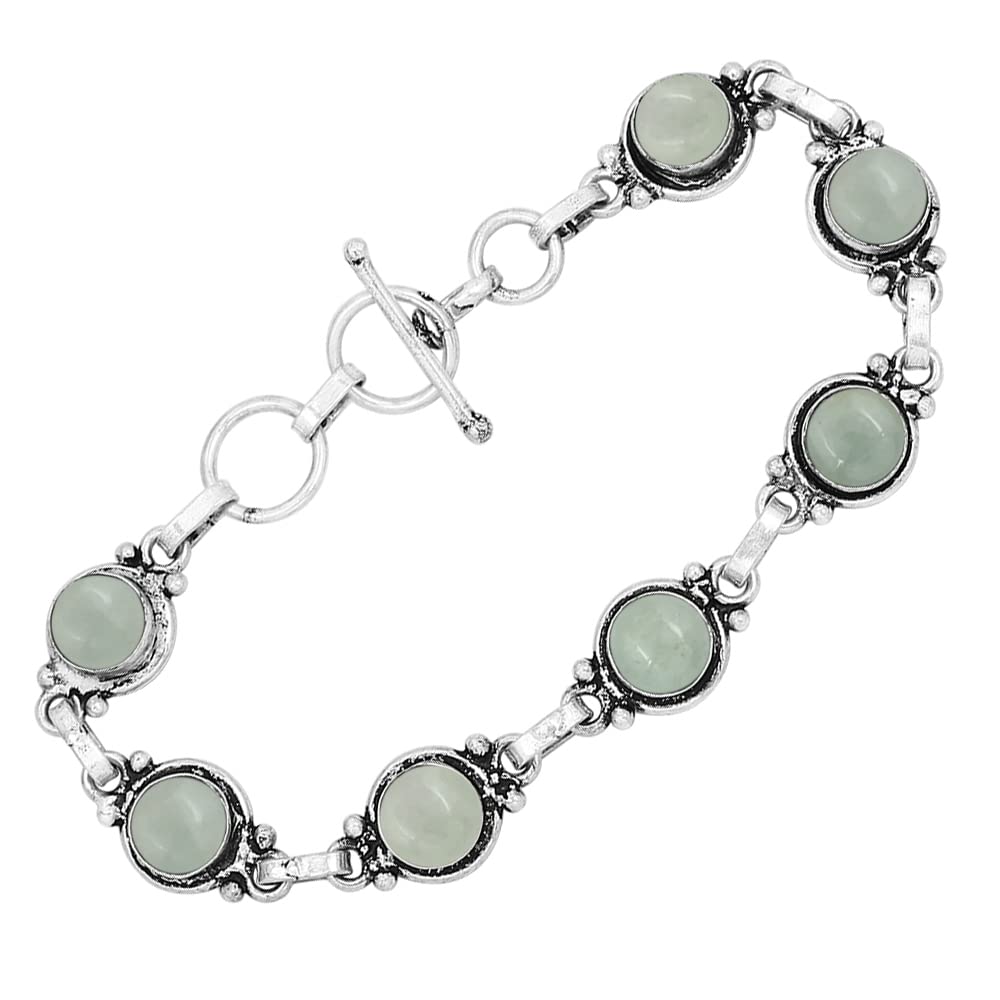 Natural Aquamarine 925 Silver Plated Round Gemstone Adjustable Bracelet for Women - March Birthstone Bohemian Vintage Style Handmade Jewelry Bracelet - Gift for Her