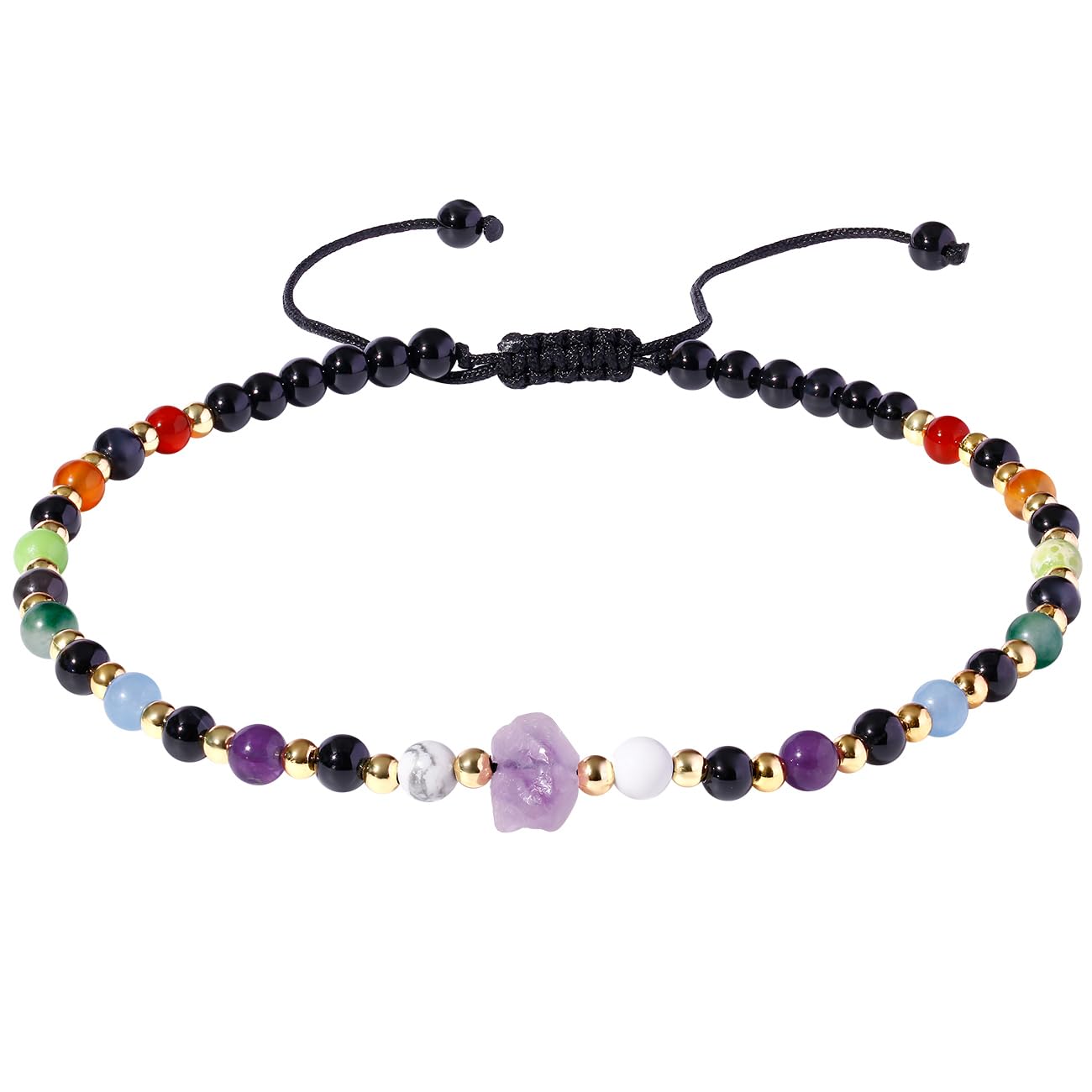 Xfoxstal 7 Chakra Beaded Anklet Summer Beach Black Agate Amethyst Raw Stone Ankle Bracelets for Women Spiritual Crystals Energy Yoga Meditation Gifts