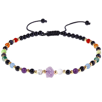 Xfoxstal 7 Chakra Beaded Anklet Summer Beach Black Agate Amethyst Raw Stone Ankle Bracelets for Women Spiritual Crystals Energy Yoga Meditation Gifts