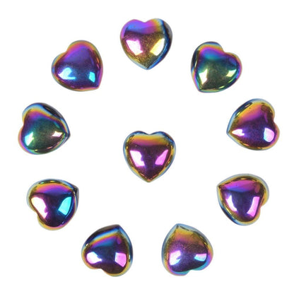 Coated Rainbow Hematite Gemstone Healing Crystal 0.8 inch Mini Puffy Heart Pocket Stone Iron Gift Box (Pack of 10)