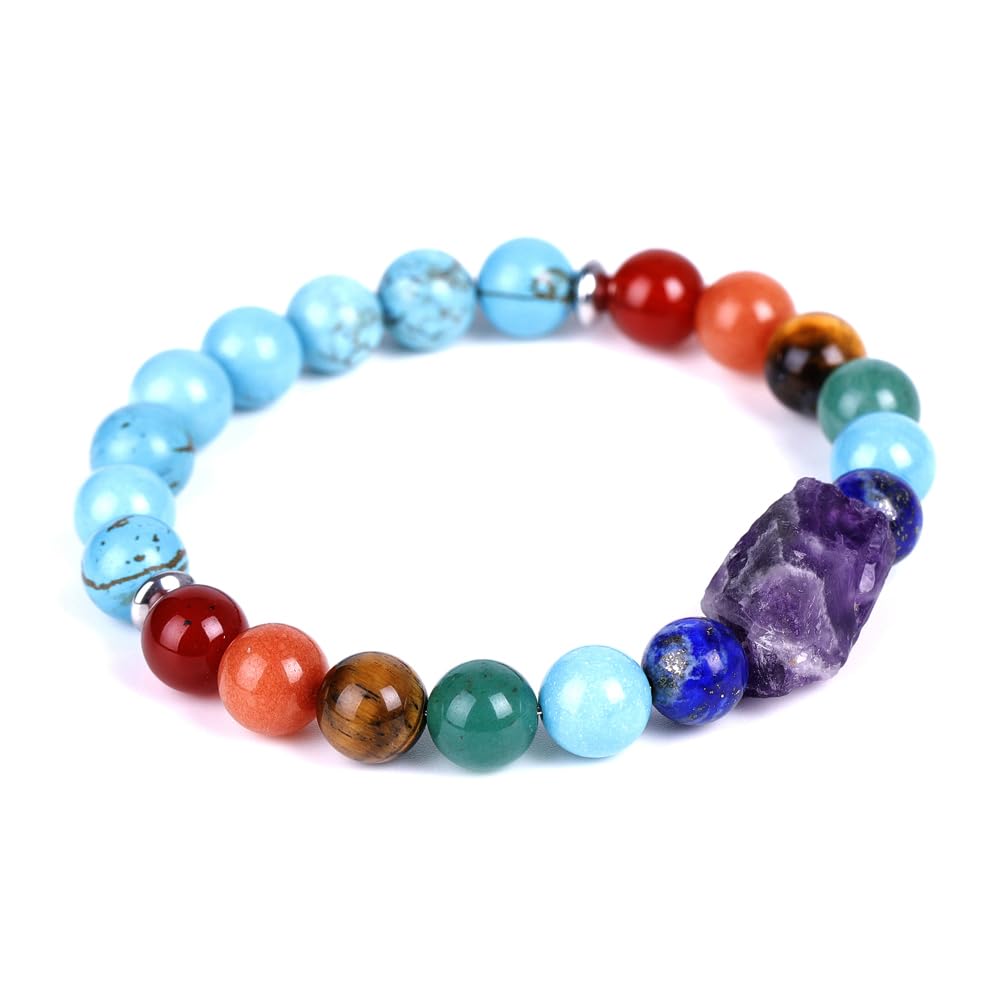 HZHRony 8mm Natural Crystal Bead Bracelet 7 Chakra Bracelet with Real Stones Anxiety Beaded Bracelets Amethyst Jewelry Gifts 7 Inches