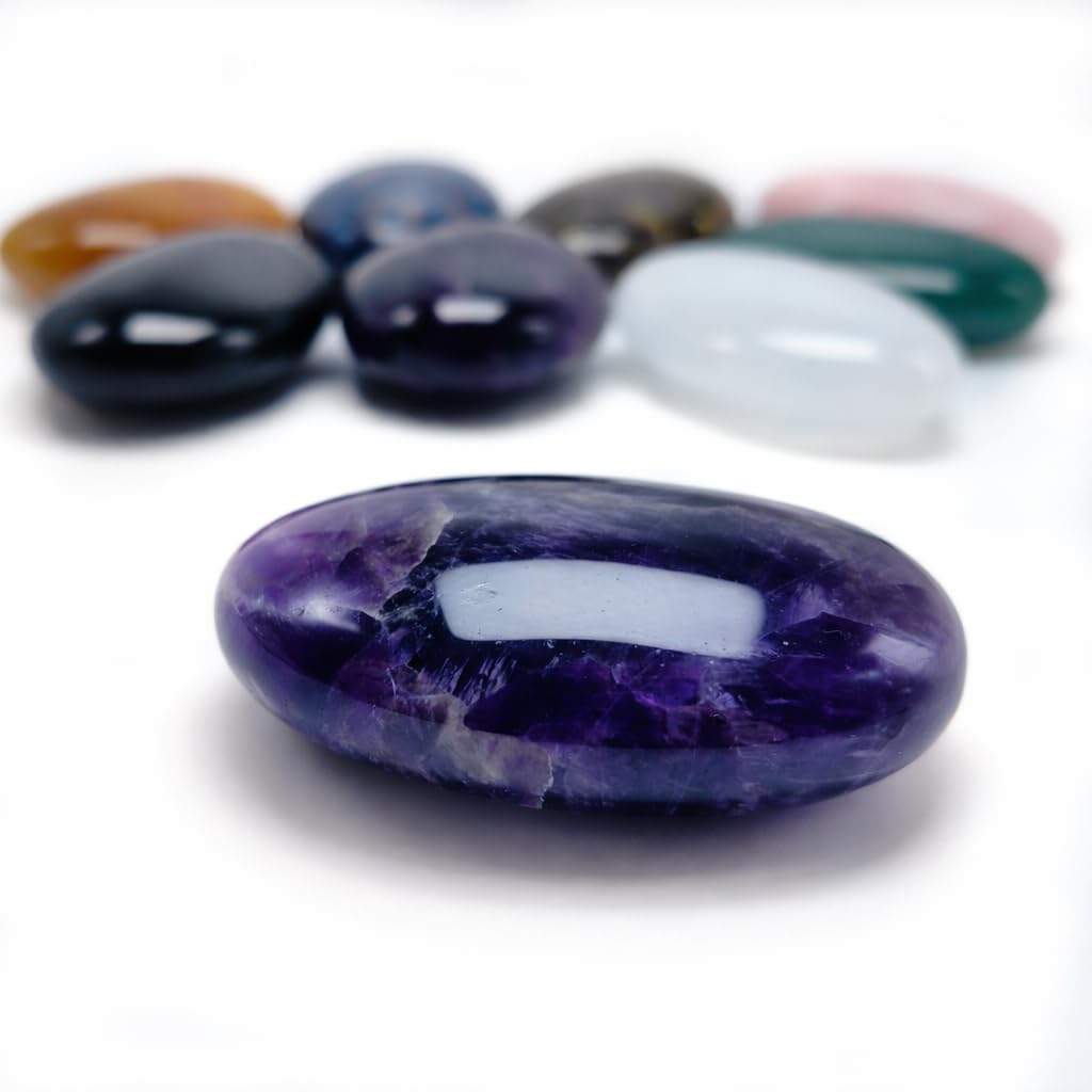 BEAUSIOO 2.4" Amethyst Palm Stone for Anxiety Relief, Healing Crystal for Meditation & Stress Relief, Polished Pocket Stone with Gift Box