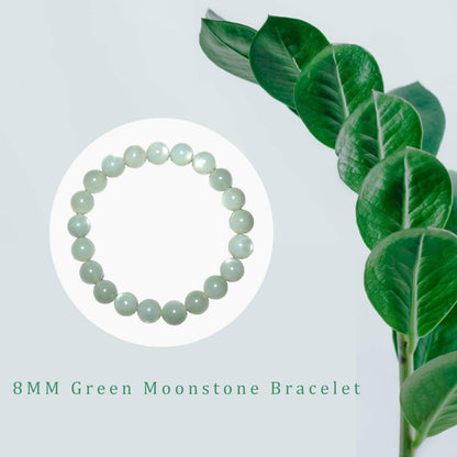 OwizJade 8MM Green Moonstone Bracelet, Unisex Natural Gemstone Round Beads Stretch Bracelet Healing Crystal Beads, A for Women Men