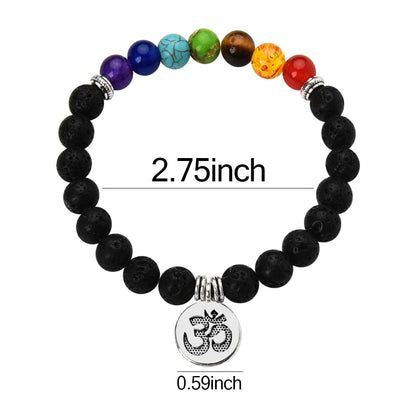 7 Chakra Beaded Bracelet for Women Men Colorful Zen Yoga Accessories Black Lava Rock Bracelets 8mm Chakras Mediation Gifts Healing Crystal Bracelets Elastic Buddhist Om Aum Symbol Pendant Bracelet