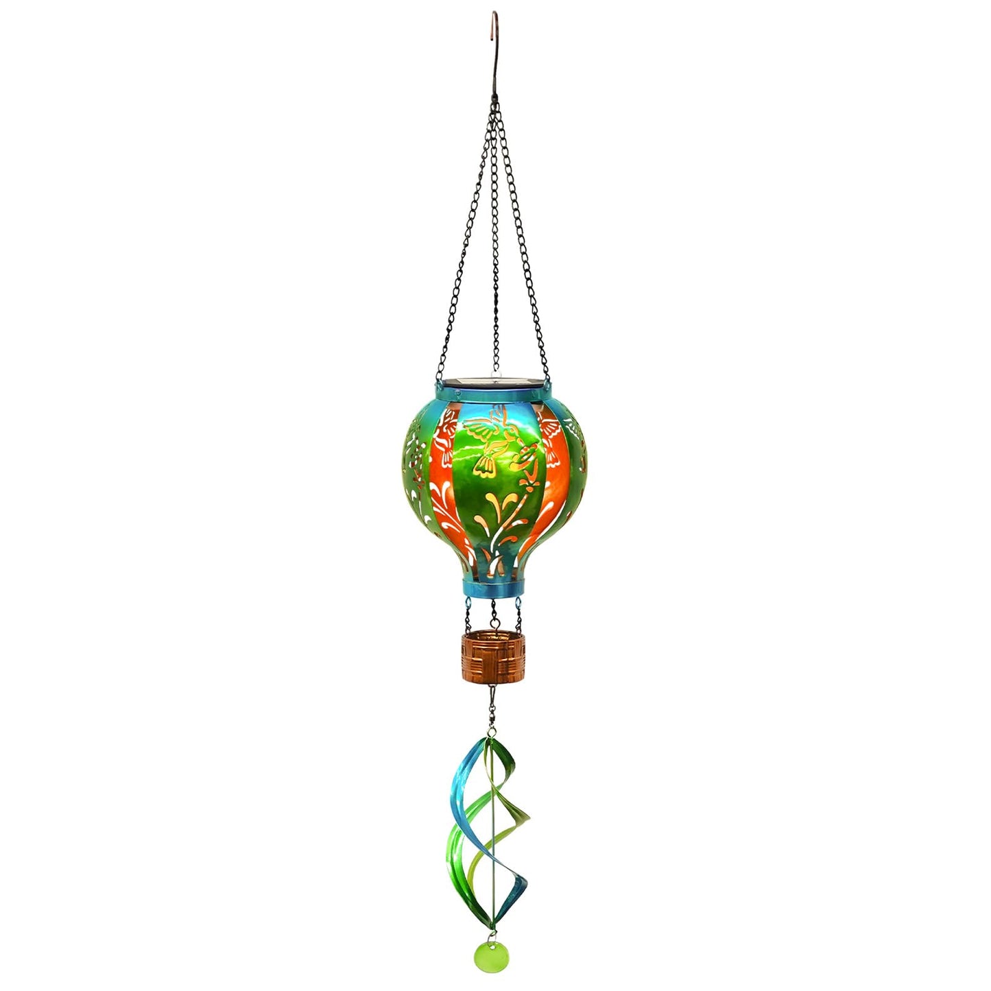 Hot Air Balloon Solar Lantern Hummingbird Wind Spinners with Flickering Flame Light Hanging Solar Lantern Outdoor Waterproof Decorations for Outside Patio Garden Yard
