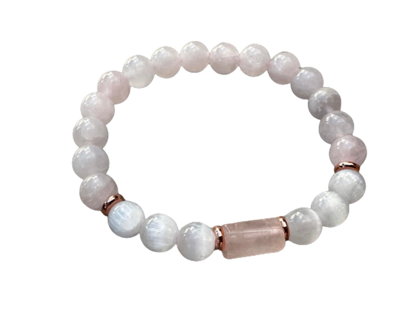 GAF TREASURES Rose Quartz and Selenite Crystal Bead Bracelet 8mm, Genuine Rose Quartz Cylinder with Copper Discs Stretch Gemstone Bracelet, Healing Crystal Bracelet, Gift for Men & Women (1)