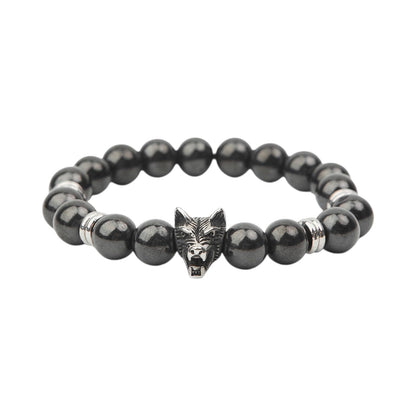 Karelian Heritage Shungite Stone Beaded Bracelet, Handmade for Men, Natural Stones and 7.3 Inch Elastic Stretch Band, Spiritual Chakra Crystal Healing Jewelry (Shungite & Wolf Charm)