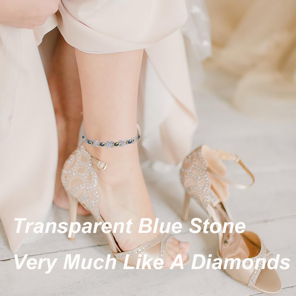 EnerMagiX Magnetic Ankle Bracelets for Women, Stainless Steel Magnetic Anklet with Blue Stones, Fashion Jewelry Present (0137SGD)