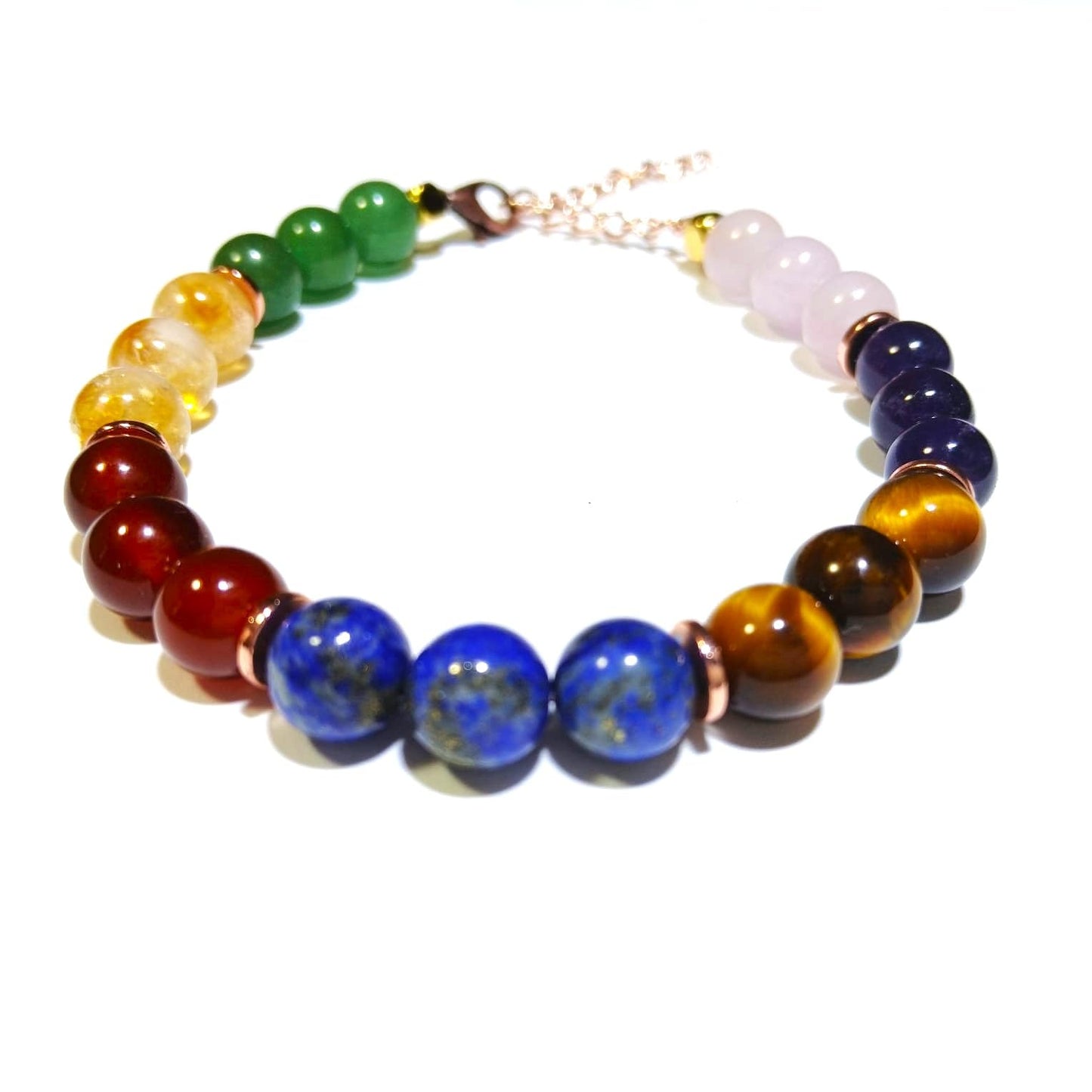 7 Chakra Bracelet (Tiger's Eye, Citrine, Aventurin, Amethyst, Lapis Lazuri, Quartz, Red Jasper, Ring Hematit) Adjustable Chain & Elastic Cord Beaded Bracelet (Durable and Comfortable)