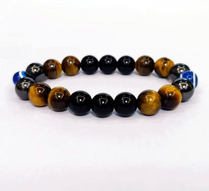 WEFRIN Evil Eye with Hematite Black Obsidian Tiger Eye Stone Triple Protection Bracelets for Men Women, Crystal Stone Bracelet Bring Luck Prosperity and Happiness Jewelry