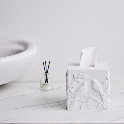White Marble Relief Birds Square Tissue Box Cover Decorative,Resin Heavy Sturdy Tissue Box Holder, Facial Paper Holder for Bathroom Vanity Countertop, Bedroom Night Stand,Office and End Table