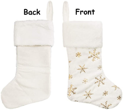 SherryDC White Plush Christmas Stockings 2 Pack, 19" Silver & Gold Snowflake Sequin Embroidered Fireplace Hanging Stockings Set for Christmas Decoration