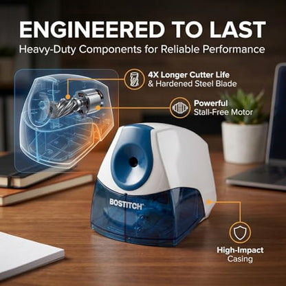 Bostitch Office Electric Pencil Sharpener, Heavy Duty Powerful Stall-Free Motor, High Capacity Shavings Tray, for Office or Classroom, Blue