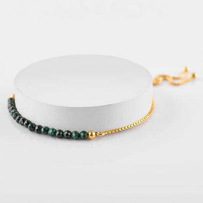 InfinityGemsArt Malachite Bracelets For Women, Natural Birthstone Jewelry, Micro Green Beads Beaded Stone Bolo Slider Crystals Gemstones, 14K Gold Plated Adjustable Chain, Valentines Day Gifts For Her