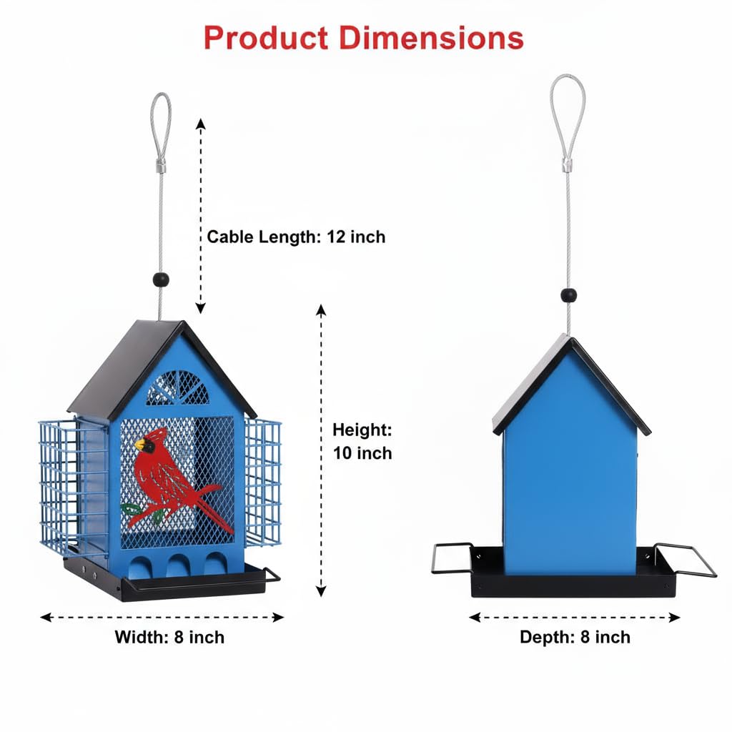 Blue House Metal Bird Feeder - 20" Hanging Wild Bird Feeder with Decorative Accents, Large Capacity Outdoor Birdfeeder for Cardinals and Songbirds, Perfect Garden Gift