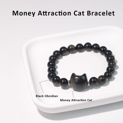 Beaded Bracelets for Women, Black Obsidian Money Attraction Bracelet, 8mm Healing Relax Anxiety Luck Crystal Bead Bracelets, Adjustable Jewelry Feng Shui Stretch Bracelet Cat Lover Gifts for Women Men