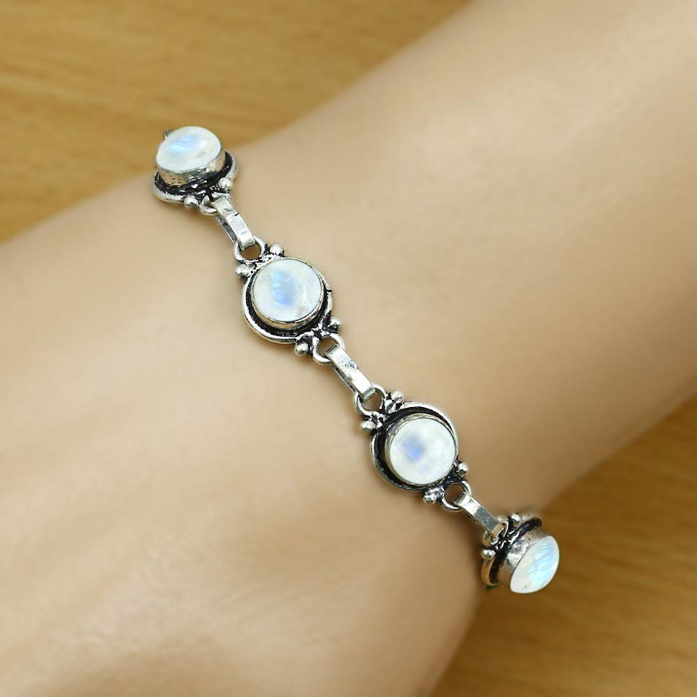 Natural Moonstone 925 Silver Plated Round Gemstone Link Bracelet for Women - White Stone June Birthstone Vintage Style Adjustable Bracelet - Handmade Gifts for Mom Wife Sister Her
