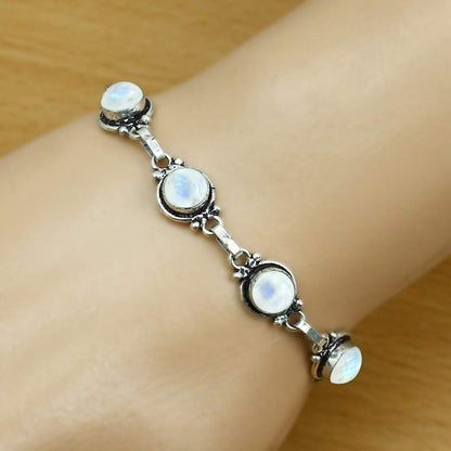 Natural Moonstone 925 Silver Plated Round Gemstone Link Bracelet for Women - White Stone June Birthstone Vintage Style Adjustable Bracelet - Handmade Gifts for Mom Wife Sister Her