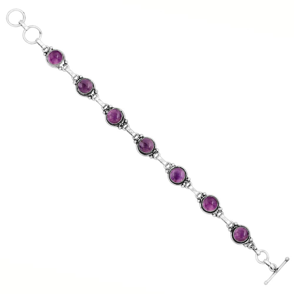 Natural Amethyst 925 Silver Plated Round Gemstone Adjustable Bracelet for Women - February Birthstone Bohemian Vintage Style Handmade Jewelry Bracelet - Gift for Her