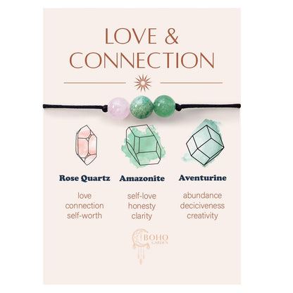 BOHO GARDEN Healing Bead Bracelets - Spiritual Crystal Beaded Bracelet - Made of 3 Real & Natural Gemstones, Adjustable 3-9.7” Black Rope - Gem Stones Jewelry for Men, Women, Teens (13+) - 8mm Bead (LoveConnection)