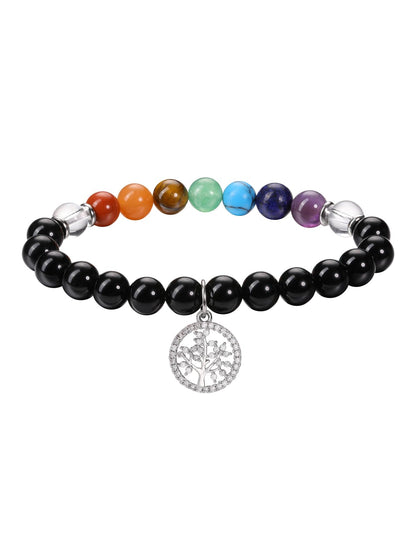 MANIFO Black Obsidian Chakra Crystals Bracelet for Women Healing Crystal Bracelet Natural Gemstone Beaded Bracelets with Life Tree Charm Jewellery Valentines Christmas Gifts