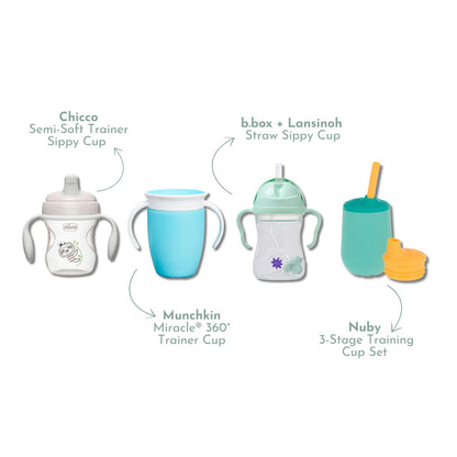 Tiny Trials Sippy Cup Variety Pack & Training Cup Set for Babies 6+ Months – Spill-Proof, Straw, Spout & 360° Trainer Cups Featuring Chicco, Lansinoh, Nuby & Munchkin – Baby Transition Cups Gift Set