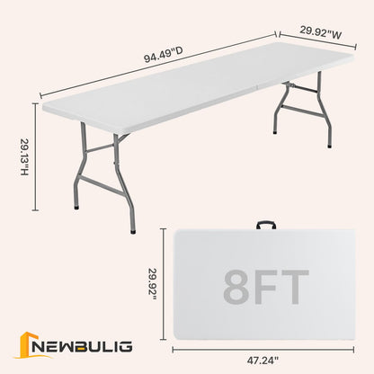 HAPPYMONT 8 Feet Folding Picnic Table, Plastic Table with Carrying Handle, Heavy Duty Portable Table for Camping Party, White
