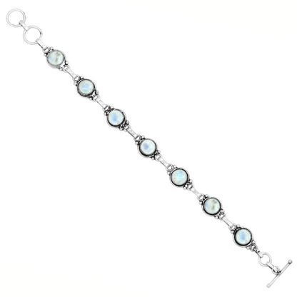 Natural Moonstone 925 Silver Plated Round Gemstone Link Bracelet for Women - White Stone June Birthstone Vintage Style Adjustable Bracelet - Handmade Gifts for Mom Wife Sister Her