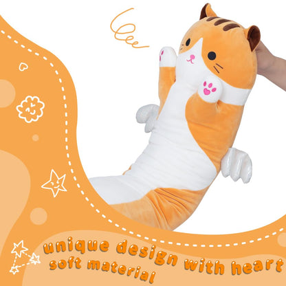 SNOWOLF Cute Long Cat Plush Body Pillow, Kawaii Cat Plushie Toys Cuddle Cartoon Stuffed Animals Soft Kitten Throw Pillow Doll Gift for Kids Girls Boys (43.3", Orange)