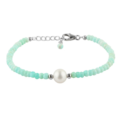 CRYSTALIS Natural Peruvian Opal Beads Adjustable Bracelet with Elegant Pearl, High Grade Gemstones, Chakra Healing Stones, Gift Giving Jewelry, 925 Sterling Silver Womens Bracelet 8 inch