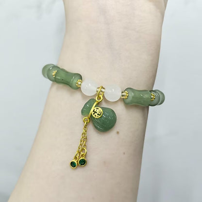 Zhang shine Bamboo Bracelet Jade Stones Lucky Money Bag Pendant Charm Stretch Beaded Bracelets For Women Fengshui Jewelry-Green White Lucky