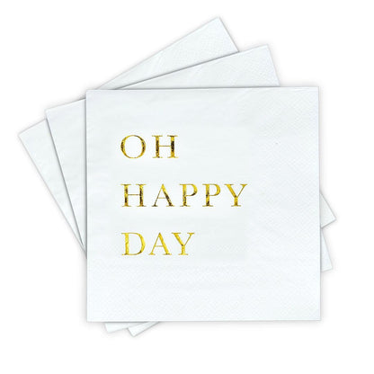 Oh Happy Day Cocktail Napkins - Gold Foil 3-Ply Disposable Napkins for Weddings, Engagements, Bridal Showers, Baby Showers, Birthdays, Anniversaries & Happy Celebrations
