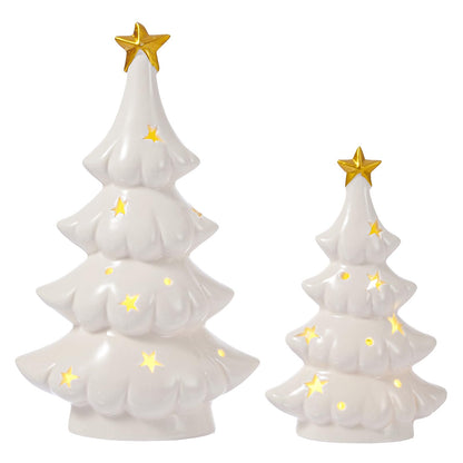 WDS WONDROUS Ceramic Christmas Tree White with Lighted Decor, 2 Pcs Christmas Trees Figurines with Lights, Small Xmas Tree with Star for Tabletop Mantel Shelf Fireplace