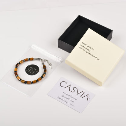 Casvia Men's Tiger's Eye & Hematite Beaded Bracelet, Handmade Adjustable Stainless Steel Chain, Chakra Jewelry Gift for Dad, Husband, Boyfriend