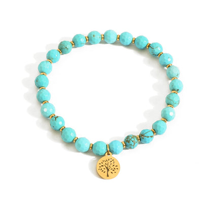 TaYolnFaSo Natural Turquoise Stretch Bracelet Stainless Steel Handmade Tree of Life Charm Turquoise Beaded Jewelry Gift for Women Men