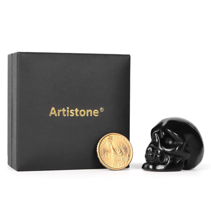 Artistone 2.0" Black Obsidian Halloween Crystal Skull Head Statue,Hand Carved Gemstone Human Skull Stone Figurine Crystal and Healing Stones for Home,Office Decor(Gift Box)