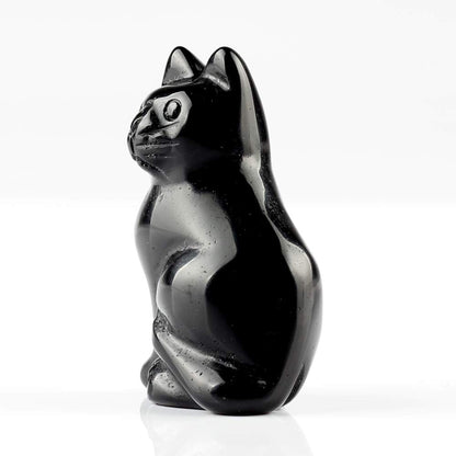 YWG Stone Black Obsidian 2.0inch Cat Large Statue Feng Shui Crafts Carved Figurine Chakra Carving Healing Reiki