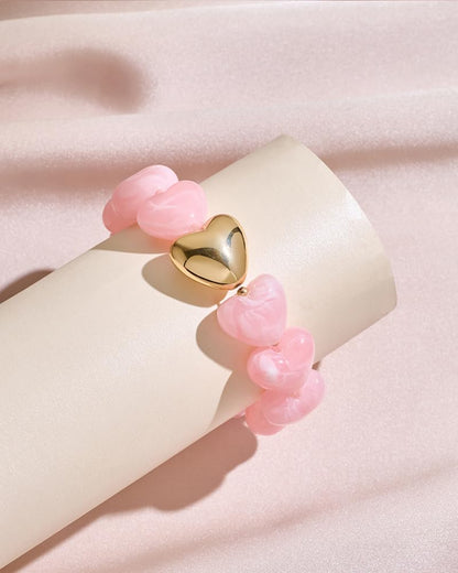 FAUTHENTICUTE Swirled Pink Heart Bracelet for Women Chunky Acrylic Resin Heart-shaped Bead Bracelet Trendy Boho Statement Summer Beach Jewelry Gift For Her