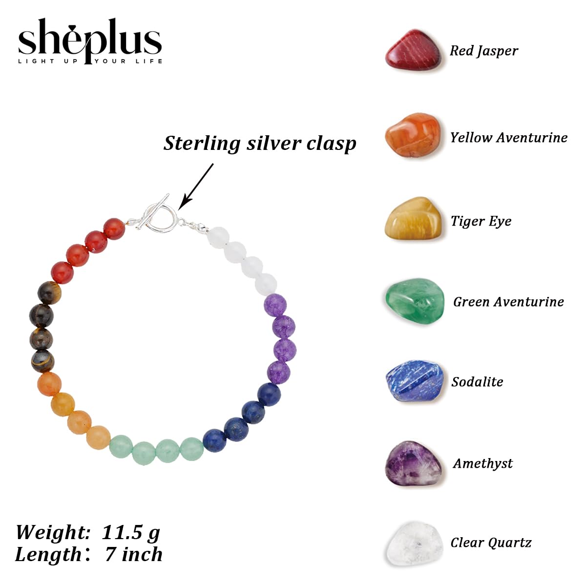 Sheplus Relaxation Gifts for Women - 7 Chakra Gemstone Bracelet for Women Men, Natural Crystal Beads with 925 Sterling Silver Toggle Clasp,Yoga Meditation Energy Jewelry
