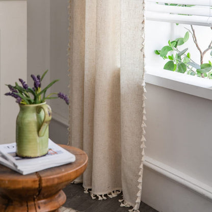 AMZALI Cotton Linen Textured Curtains with Tassel Semi-Blackout Drapes Farmhouse Window Curtain Panels Rod Pocket Curtain for Living Room Bedroom One Panel 84 Inch Length